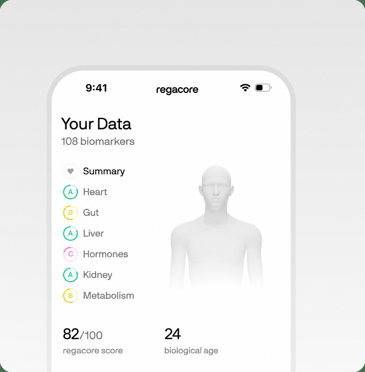 Mobile app showing health scores and a 3D body map