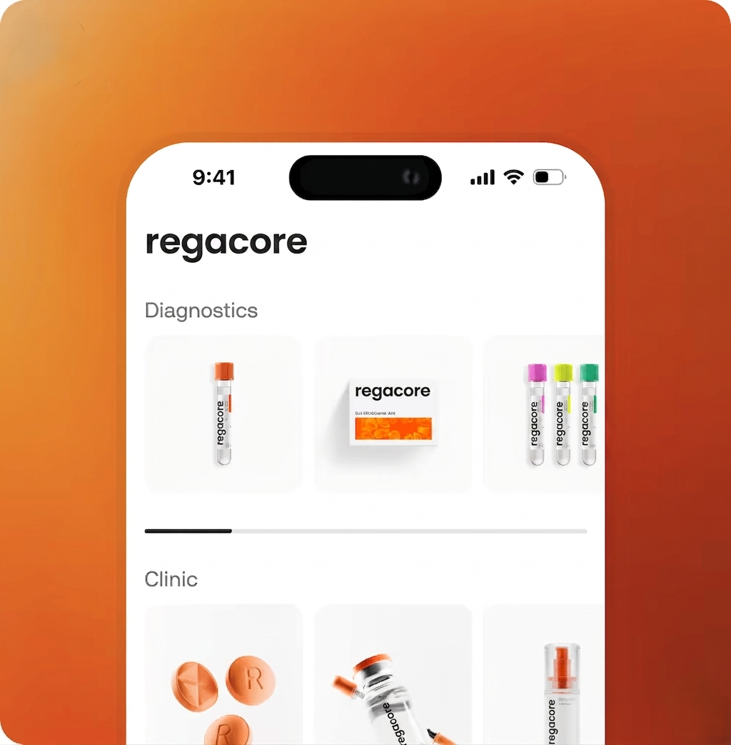 App UI showing diagnostics and clinic access